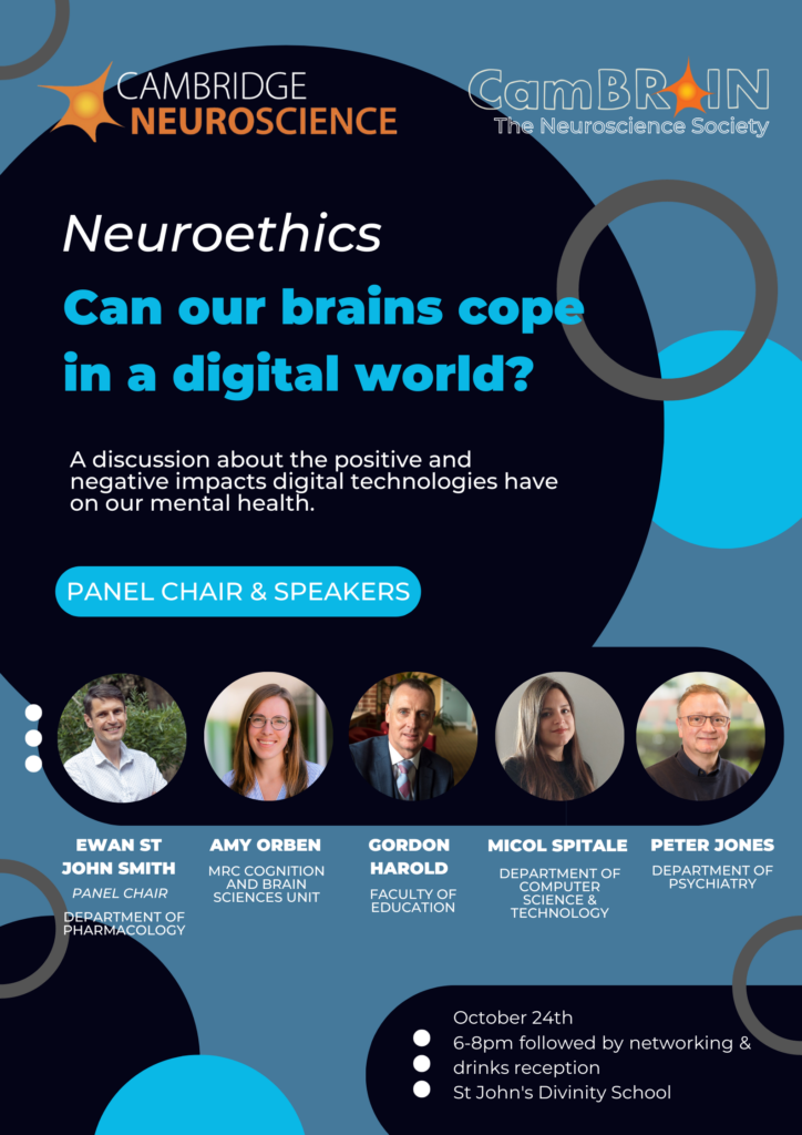 Poster depicting the five panelists for a CamBRAIN Neuroethics events at St John's College