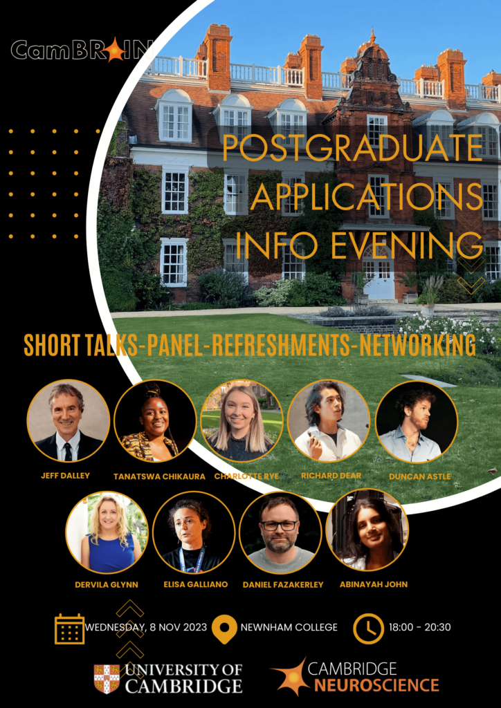 Poster showing image of Newnham College with smaller profile images of 9 contributors to the Postgraduate applications information event