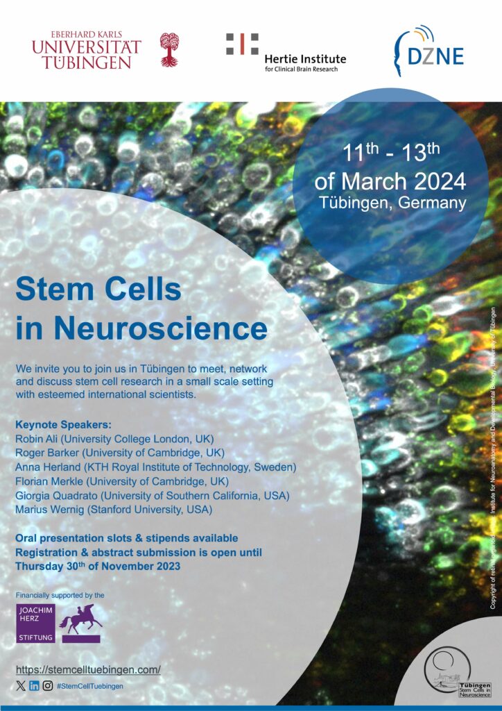 Poster advertising stem cell conference in Germany, displaying speaker names on a colourful cellular background